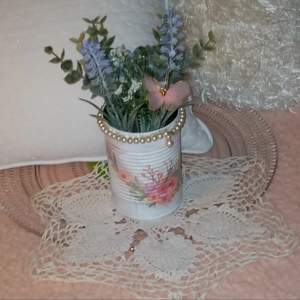 Unique Romantic Shabby Chic Tin Can Vase with Frosted Greenery & Faux Pearls